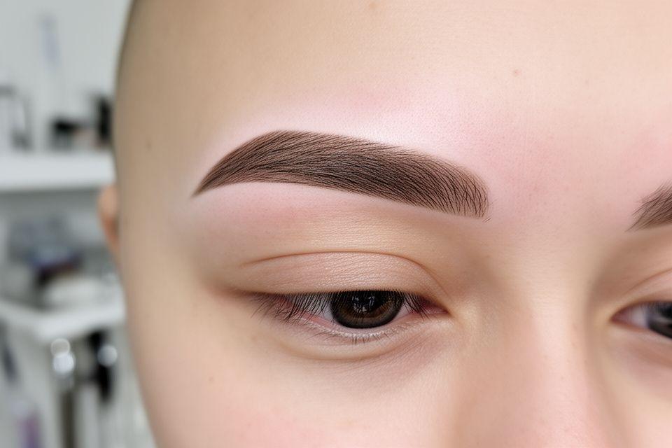 Microblading vorher in einem neutral beleuchteten Studio mit feinen, lückenhaften Brauen und ruhigem Gesichtsausdruck