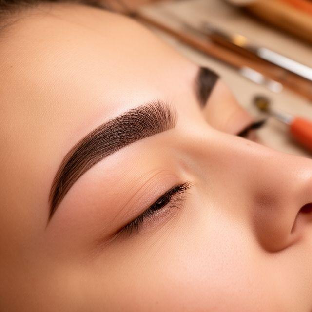Augenbrauen-Detailfoto mit präzisem Threading und sauberer Kontur an einem warm beleuchteten Arbeitstisch