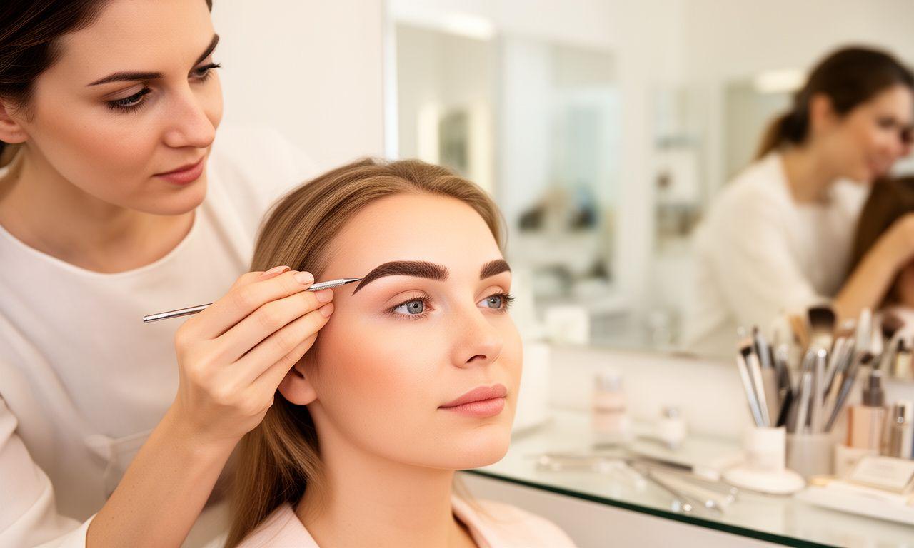 Brow artist shaping eyebrows in a bright Zurich studio with warm tools and clean mirrors