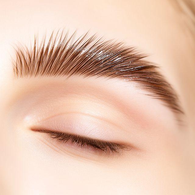 Brow-Lamination bei heller Haarfarbe mit federleichten, nach oben gebürsteten Härchen und glänzendem Finish