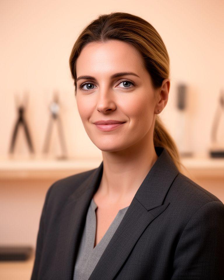 Portrait der Inhaberin in einem modernen Zürcher Studio mit ruhigem Blick und fein abgestimmter Ausstattung