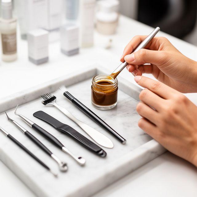 Beauty professional mixing brow tint beside clean tools and neutral packaging on a marble tray